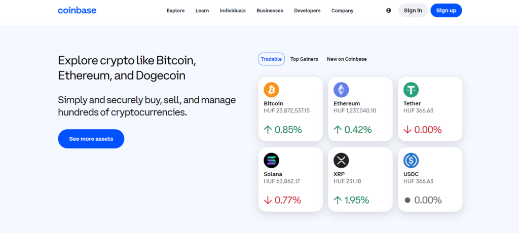 gemini vs coinbase: coinbase main page